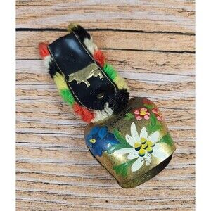 Vintage Swiss Cow Goat Bell Brass Hand Painted Cowbell Colorful Leather Strap